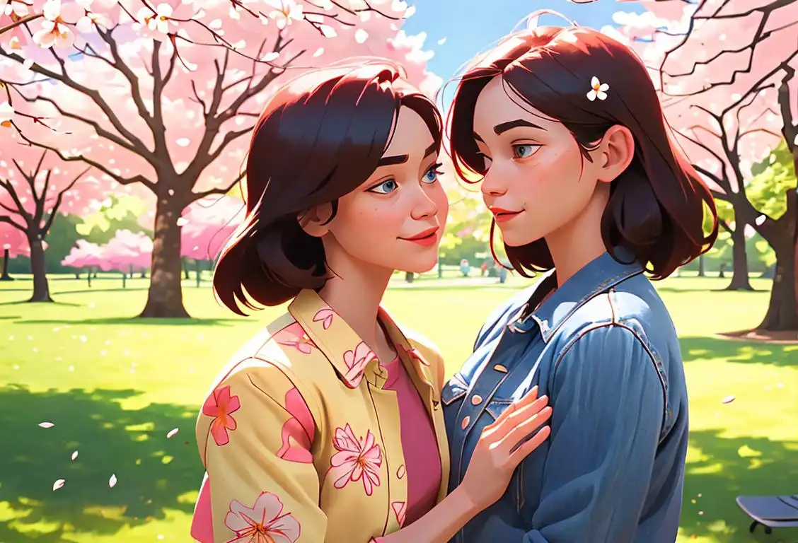 Two friends, one wearing a floral dress and the other wearing a denim jacket, embrace in a sunny park surrounded by blooming cherry blossom trees..