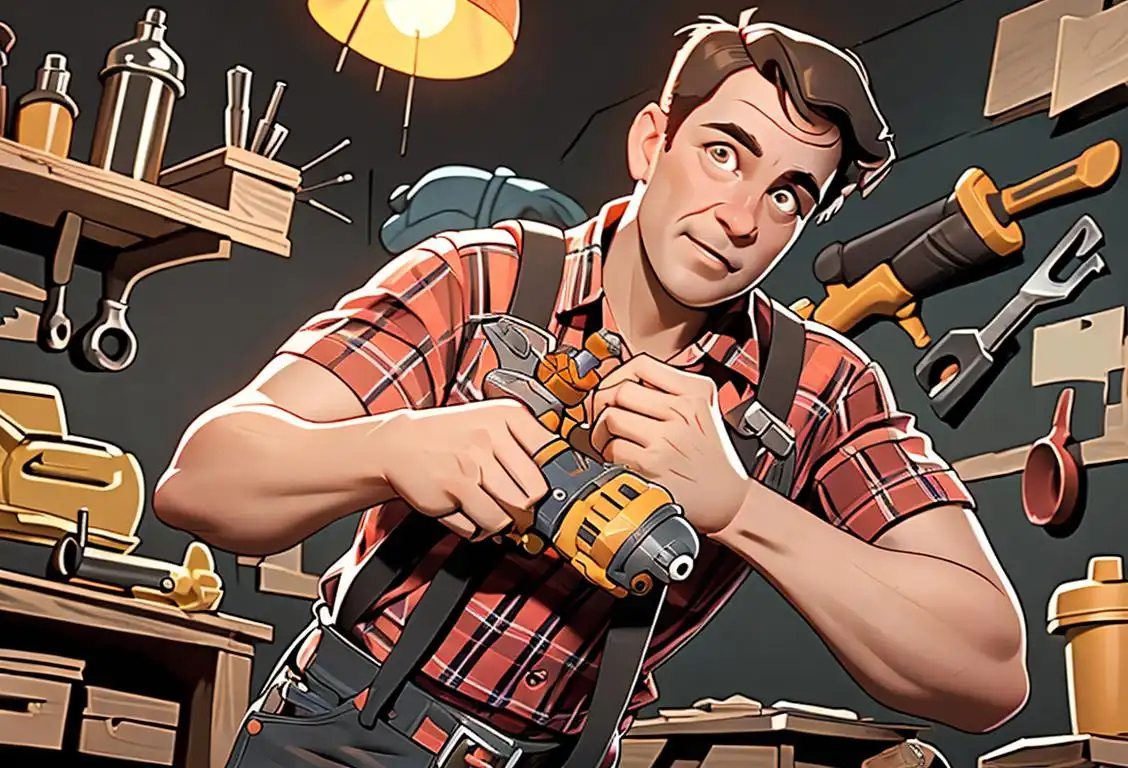 A handyman with a tool belt, holding a screwdriver, wearing a plaid shirt, workshop setting..