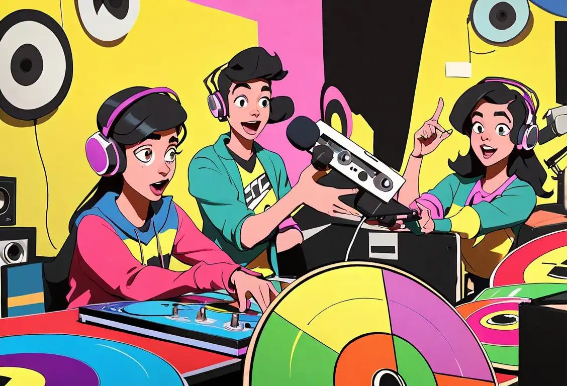 Young college students dancing in a radio station, wearing headphones and colorful outfits, surrounded by vinyl records and microphones..