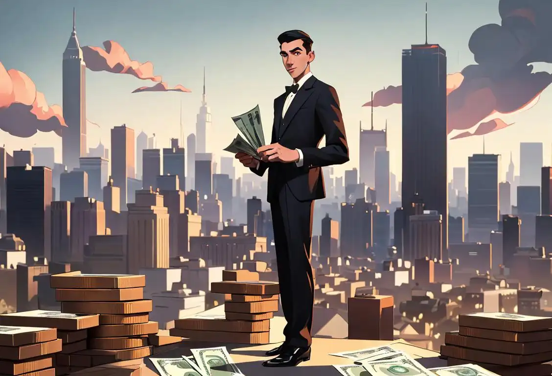 A charismatic young entrepreneur, dressed in a sharp suit, holding a stack of cash and standing in front of a bustling city skyline..