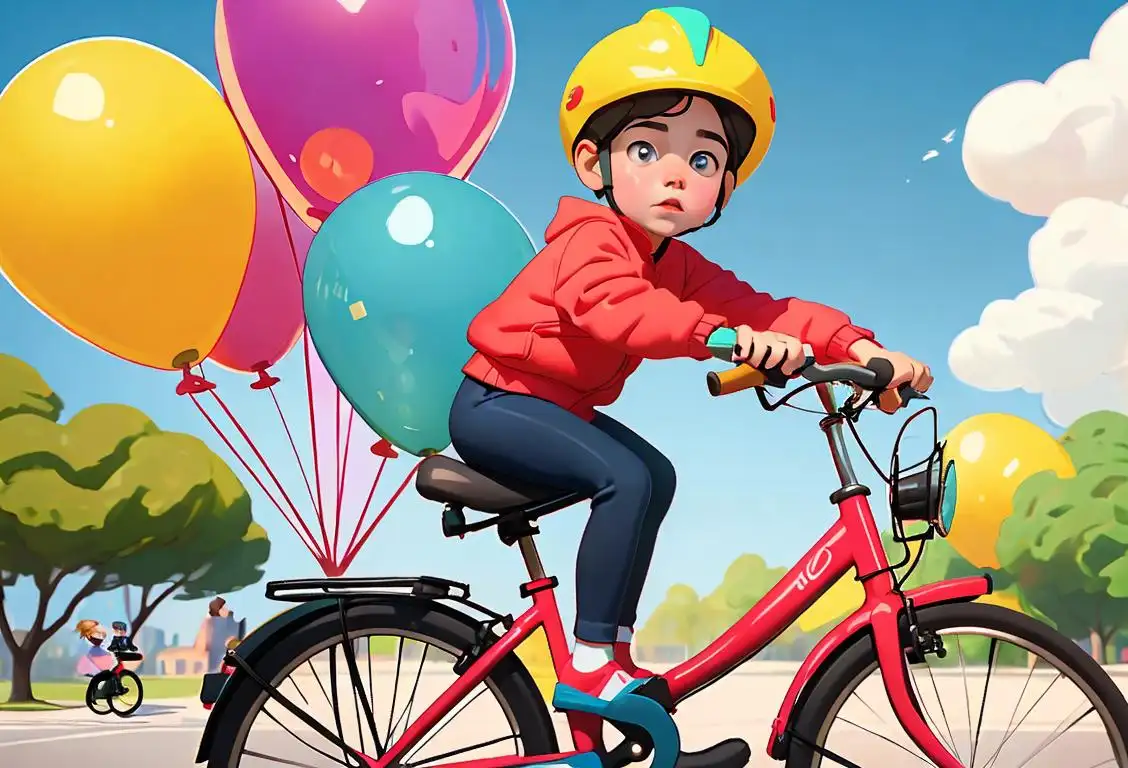 Child riding a bicycle, wearing a helmet, colorful balloons in the background, park setting..