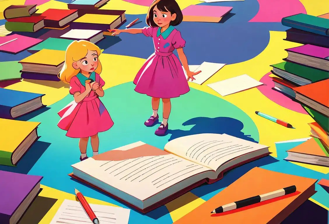 Young girls from diverse backgrounds holding hands, wearing colorful dresses, surrounded by books and school supplies..