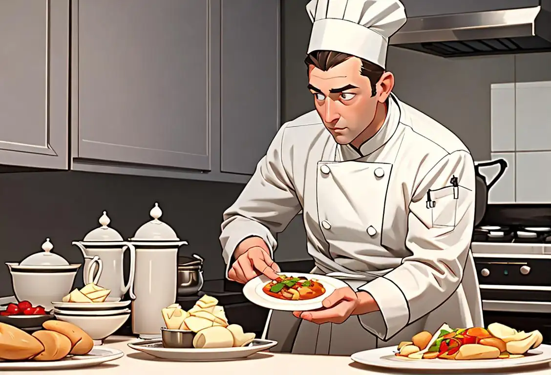 A professional chef in a clean white chef's coat and tall hat, holding a plate of beautifully prepared food, surrounded by a cozy home kitchen setting..