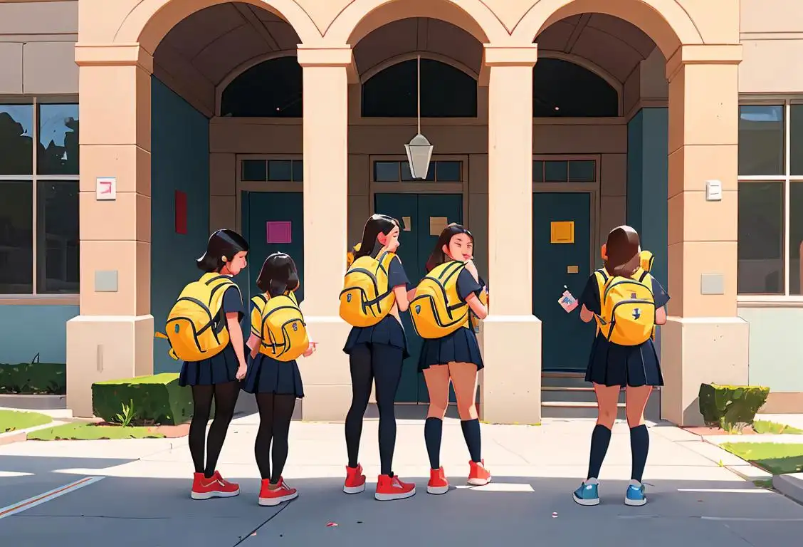 Teenagers in school uniforms practicing safety drills, wearing colorful sneakers and backpacks, against a backdrop of a modern school building..