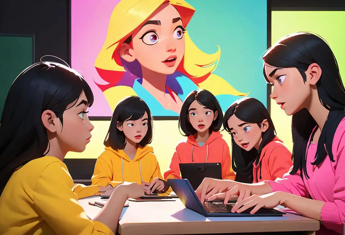 A group of diverse young girls coding together with excitement, wearing colorful clothes and surrounded by a tech-filled classroom..