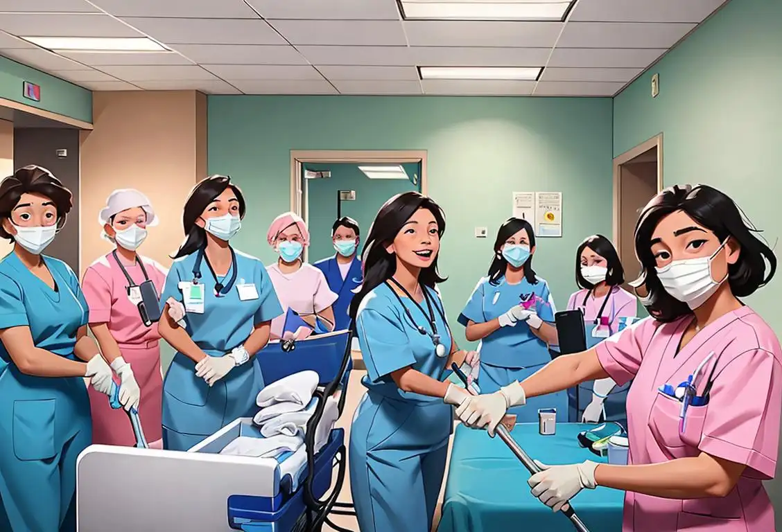 A diverse group of hospital service workers in colorful scrubs, smiling and cleaning a hospital ward, surrounded by sparkling clean equipment and a welcoming atmosphere..