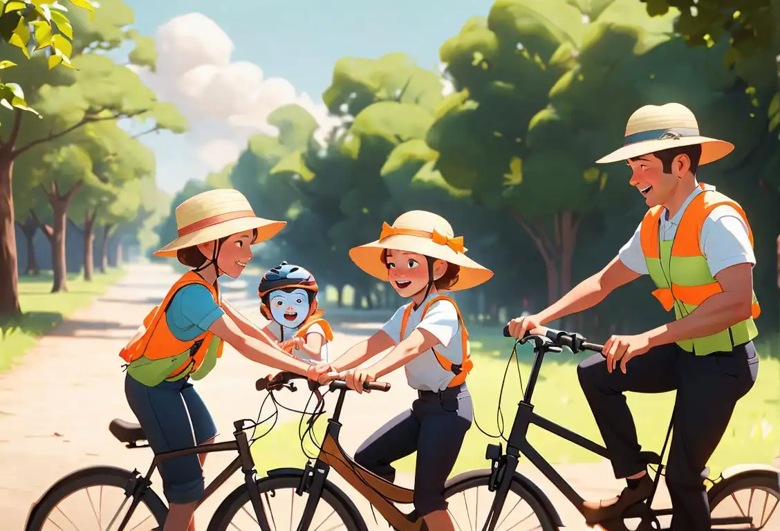 Family enjoying outdoors: a cheerful woman wearing a sun hat, a man with a safety vest, and children wearing bicycle helmets, surrounded by nature..