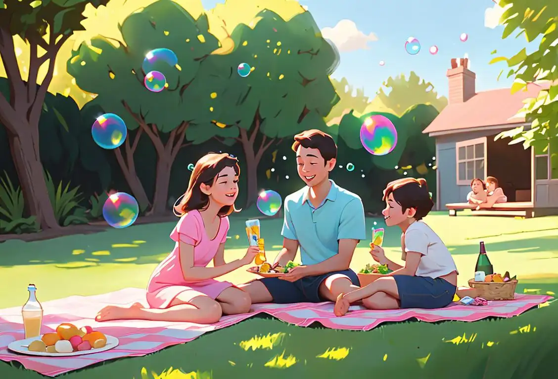 Happy family having a picnic in a lush backyard, children playing with bubbles, parents lounging on a picnic blanket, summery outfits, sunny day..