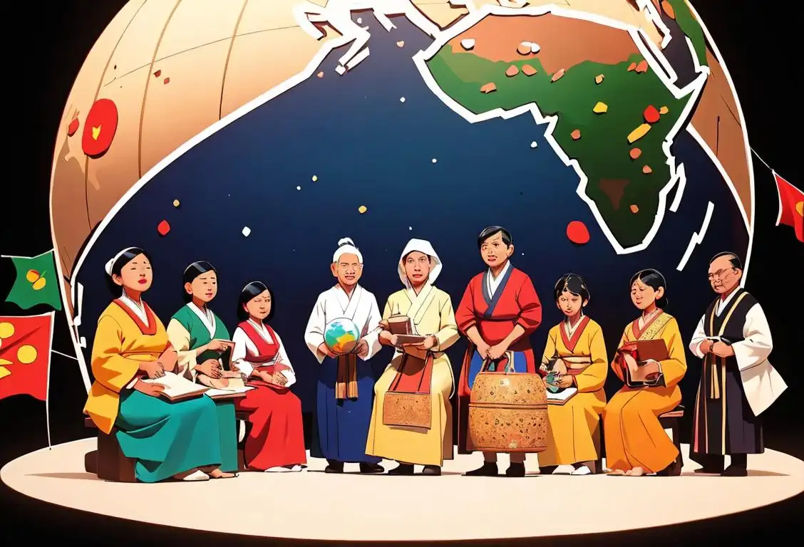 A diverse group of people wearing traditional clothing, representing various cultures, gathered around a globe, celebrating language diversity on National Language Day..
