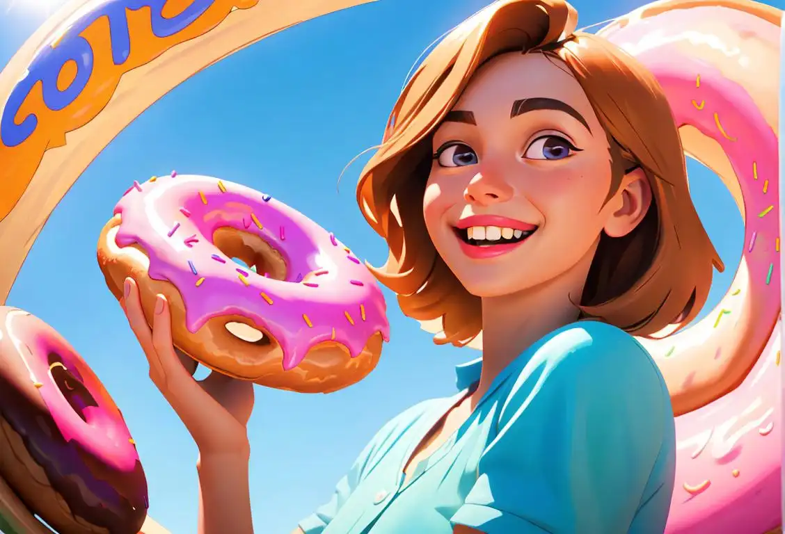 A joyful young girl with a beaming smile, holding a colorful donut in a sunny park..