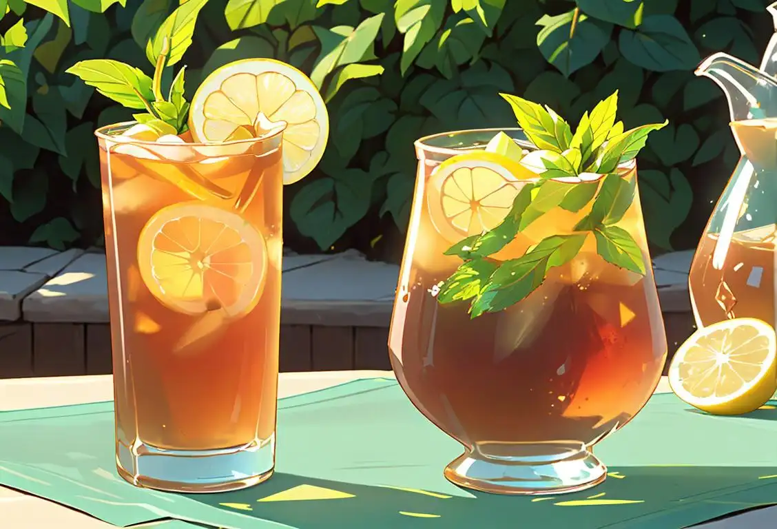 A glass filled with iced tea, with condensation dripping down the sides, adorned with fresh mint leaves and a lemon slice. A sunny outdoor picnic scene in the background..