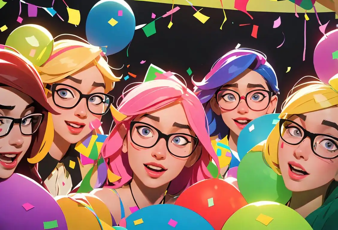 Group of friends cheersing with glasses in hand, wearing colorful party hats, surrounded by confetti and streamers..