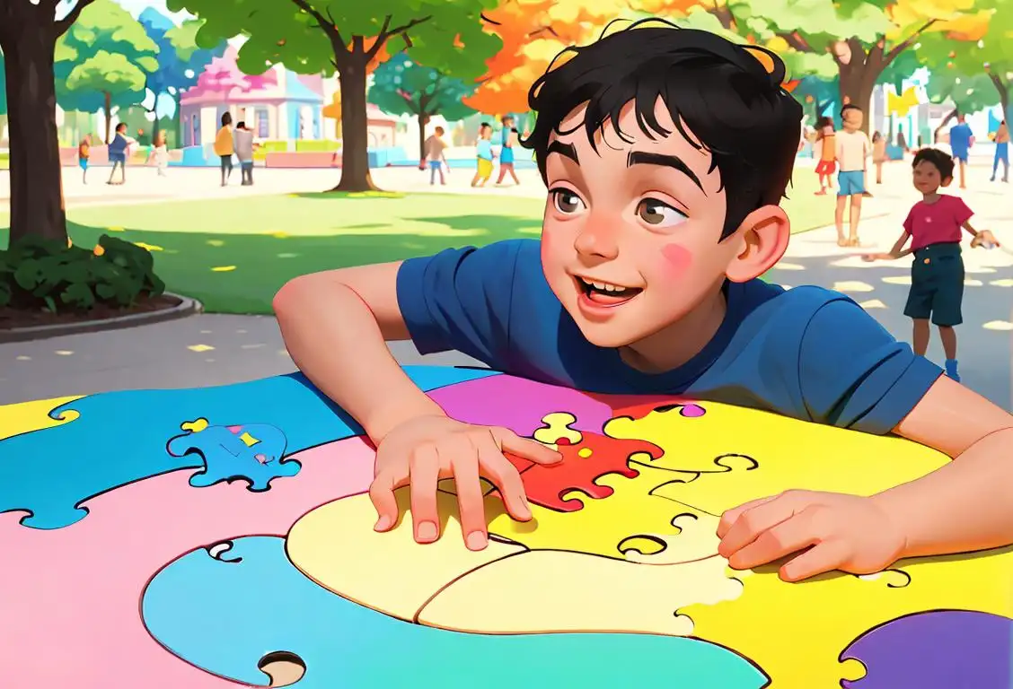Joyful young boy on the autism spectrum, embracing colorful puzzles, surrounded by diverse group of friends playing in a sunny park..