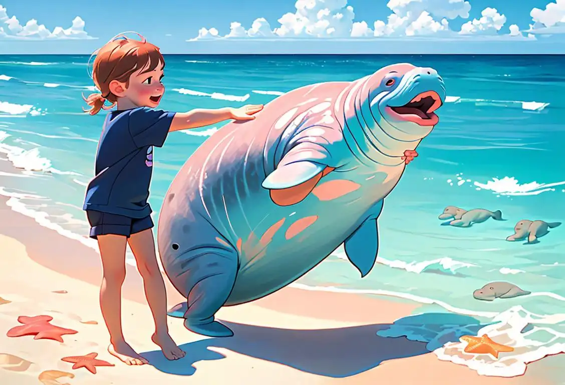 A joyful child reaching out to touch a manatee, with beach clothing, tropical vacation vibes, and a clear blue ocean in the background..