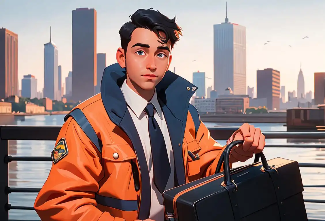 Young professional wearing a life jacket over a business suit, holding a briefcase, city skyline in the background..