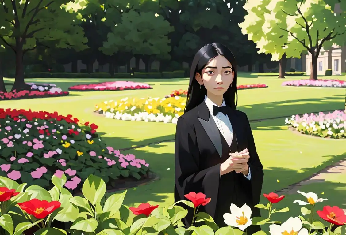 A person with a peaceful expression, surrounded by flowers, dressed in formal attire, in a serene outdoor setting..