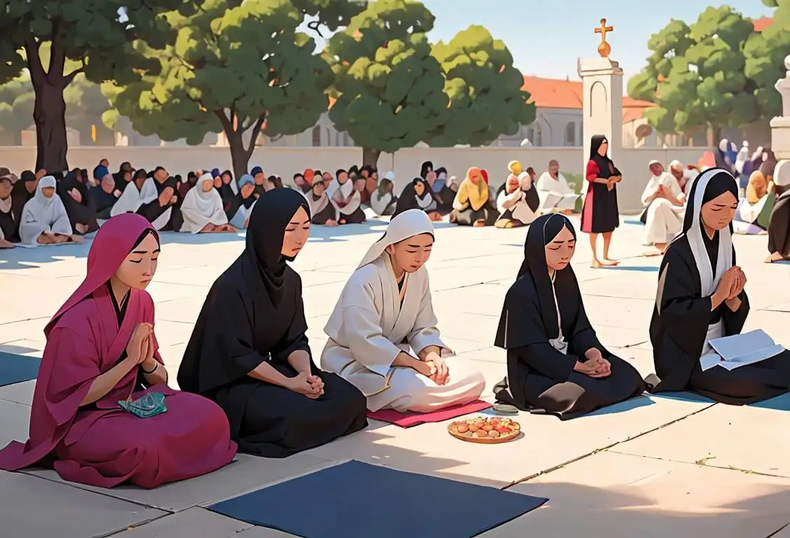 A diverse group of people from different cultures, some wearing religious attire, gathered in a peaceful outdoor setting.
