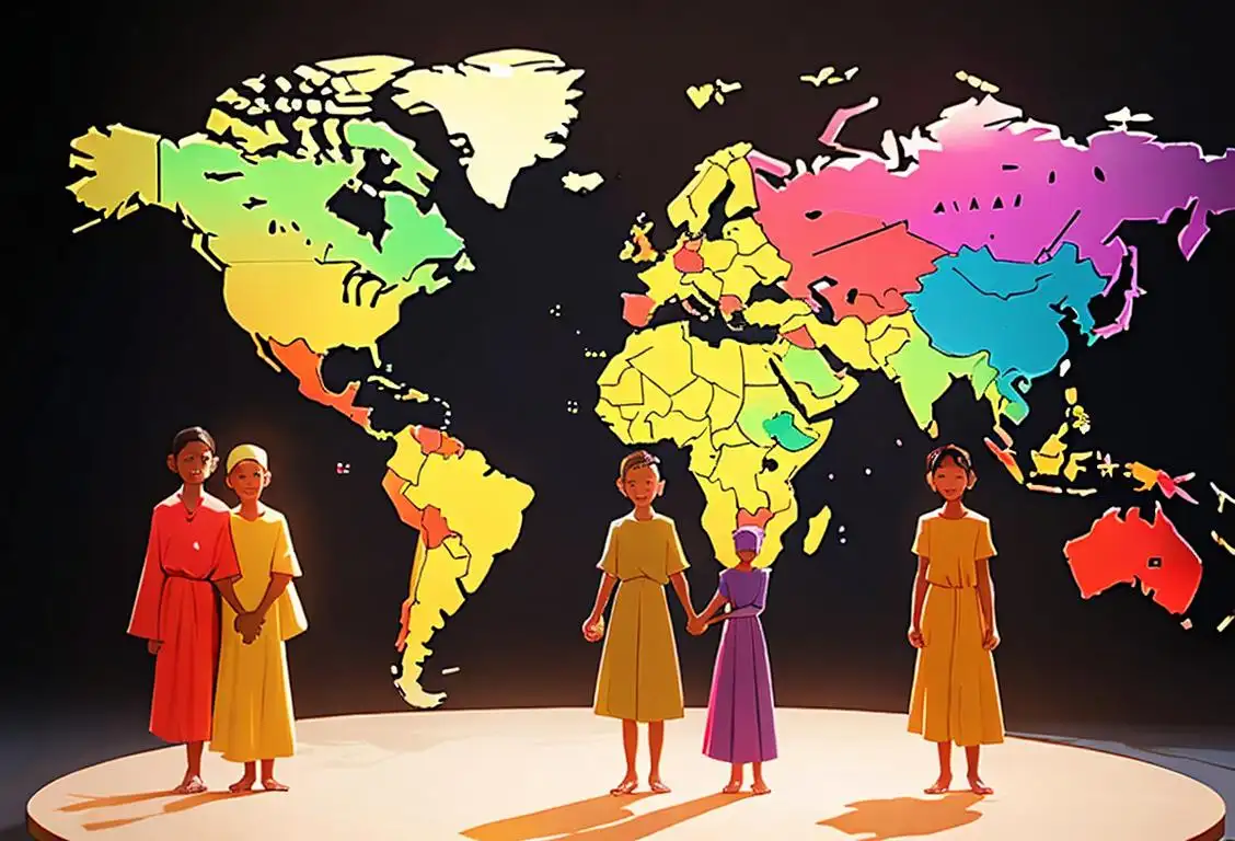 A diverse group of people, holding hands, dressed in colorful clothing, standing in front of a world map, symbolizing unity and global efforts against human trafficking..