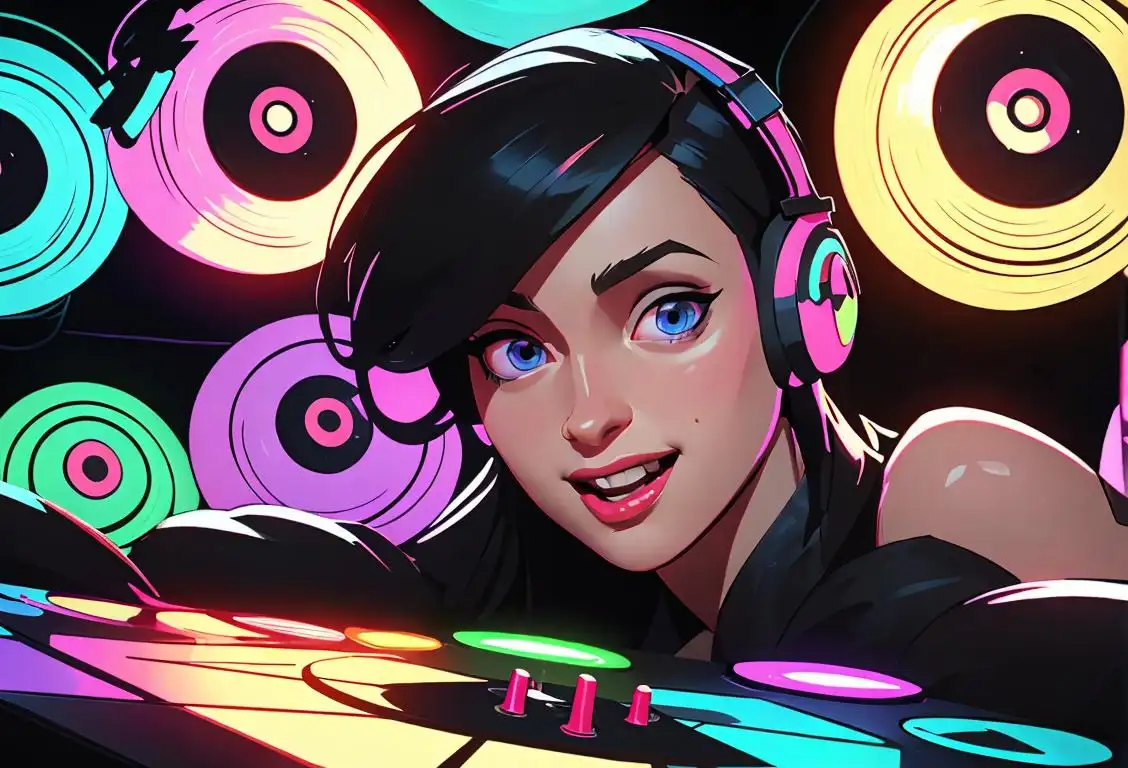 Joyful DJ surrounded by a crowd, wearing trendy headphones, vibrant nightclub atmosphere with colorful lights and disco balls..