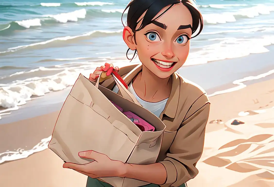 A person in casual attire, at the beach, holding a small bag of sand with a happy expression..