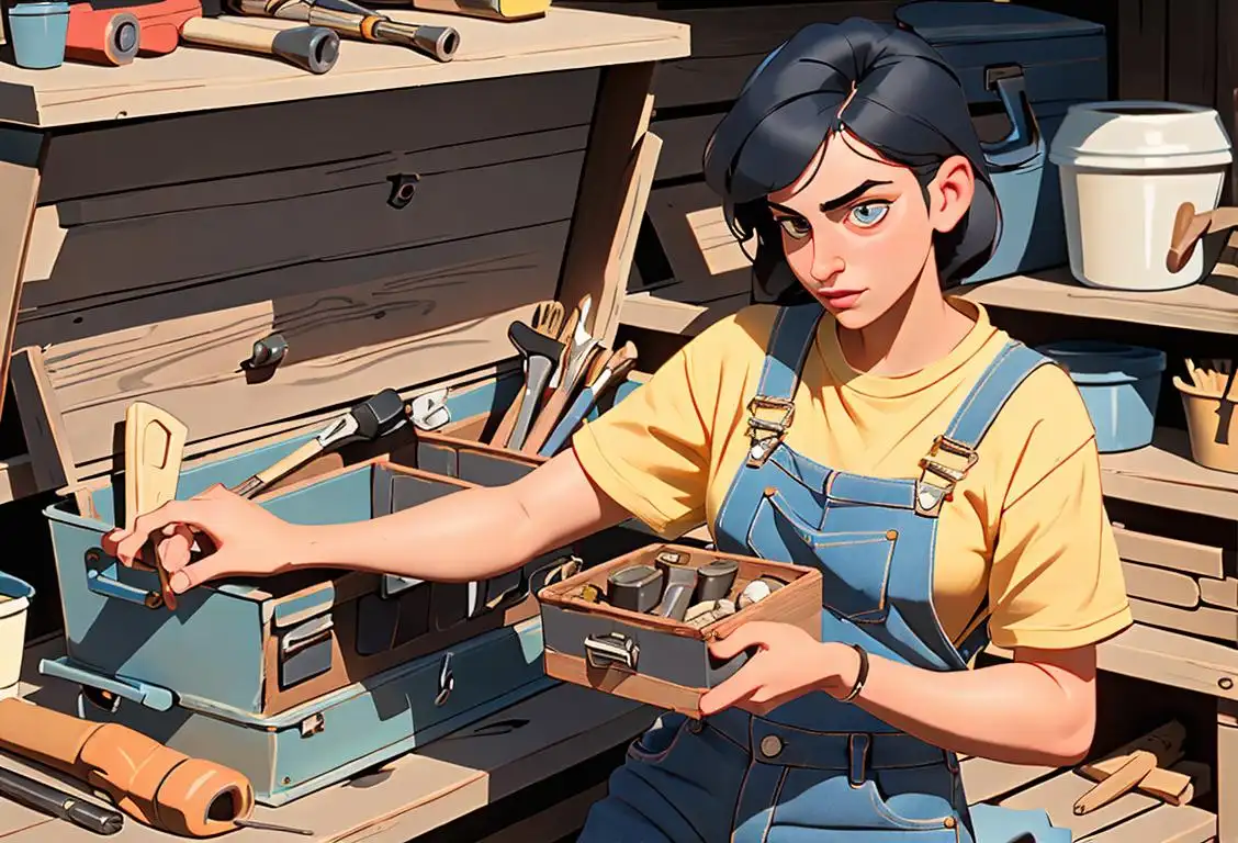 A person holding a toolbox, wearing denim overalls, vintage fashion, surrounded by DIY project materials..