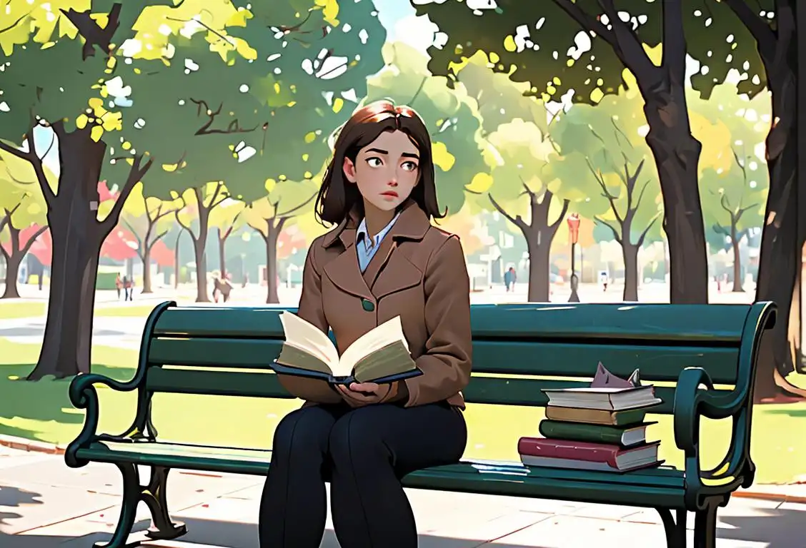 Young woman sitting on a park bench, engrossed in a book, surrounded by floating words and characters from different fictional genres..