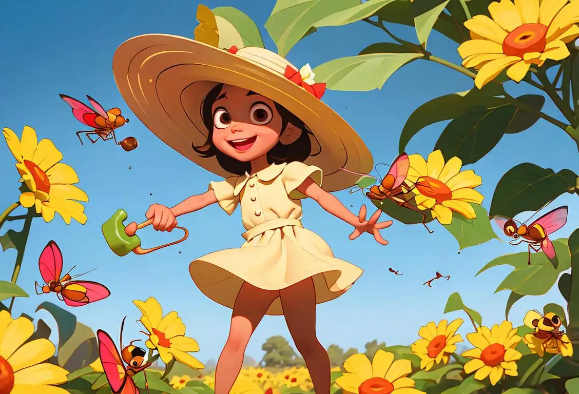 A cheerful child chasing fruit flies in a sunny garden, wearing a wide-brimmed hat, gardening attire, surrounded by vibrant flowers..