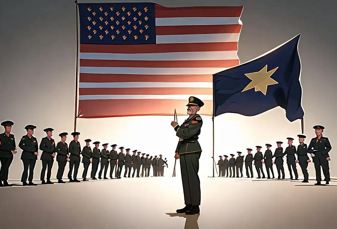 Vietnam veteran standing tall in military uniform, surrounded by American flags, a grateful nation behind..