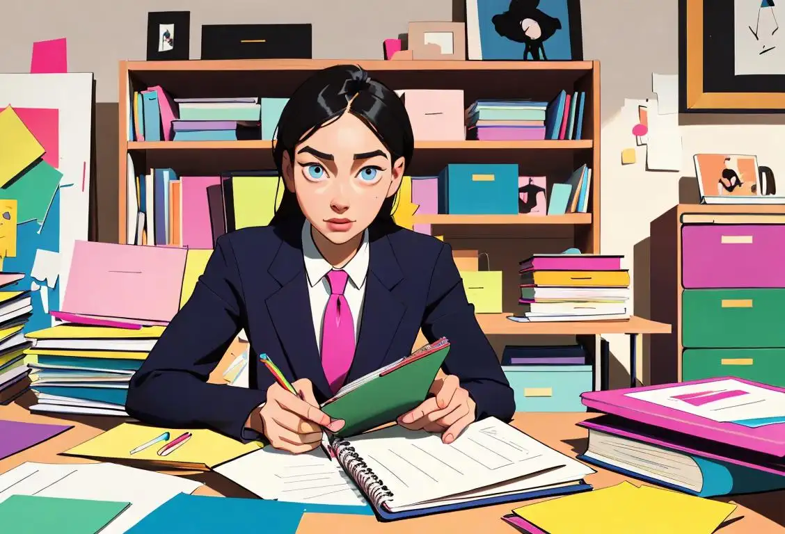Person holding a stack of colorful notebooks, wearing a stylish blazer, modern office setting with shelves full of stationery..