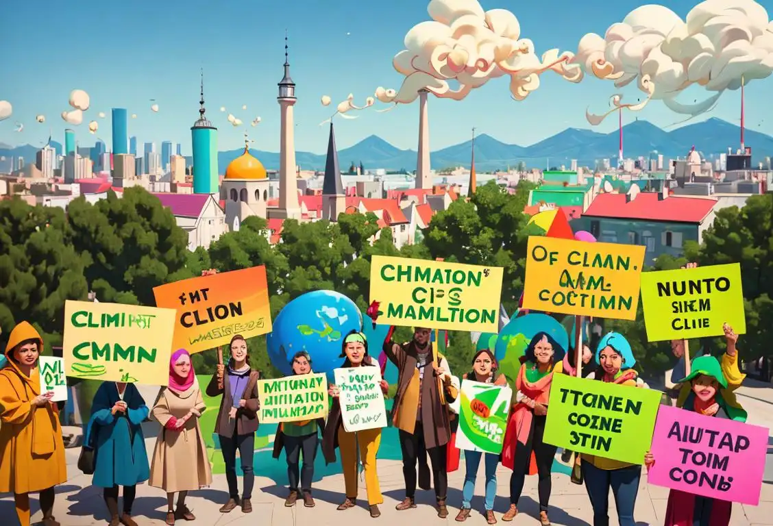 A group of diverse people in colorful outfits and holding signs, standing in front of a vibrant cityscape, celebrating National Climate Action Day with passion and enthusiasm..