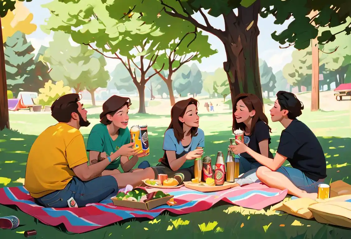 A group of friends enjoying a picnic, sitting on a colorful blanket with beer cans scattered around, surrounded by greenery..