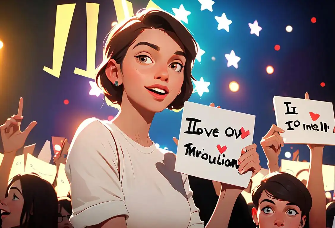 Young woman holding a sign that says 'I love Louis Tomlinson', surrounded by a group of One Direction fans, concert setting, stylish outfits, glowing smiles..