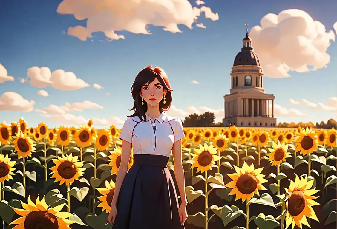 Image of Kristi Noem standing in a field of sunflowers, wearing a patriotic outfit, with a backdrop of the South Dakota state capitol..