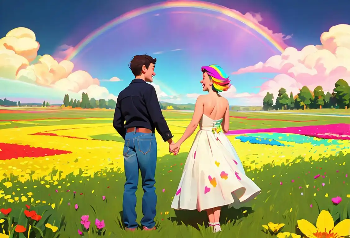 A joyful couple holding hands, standing in a field of vibrant flowers, with a colorful rainbow stretching across the sky above them..