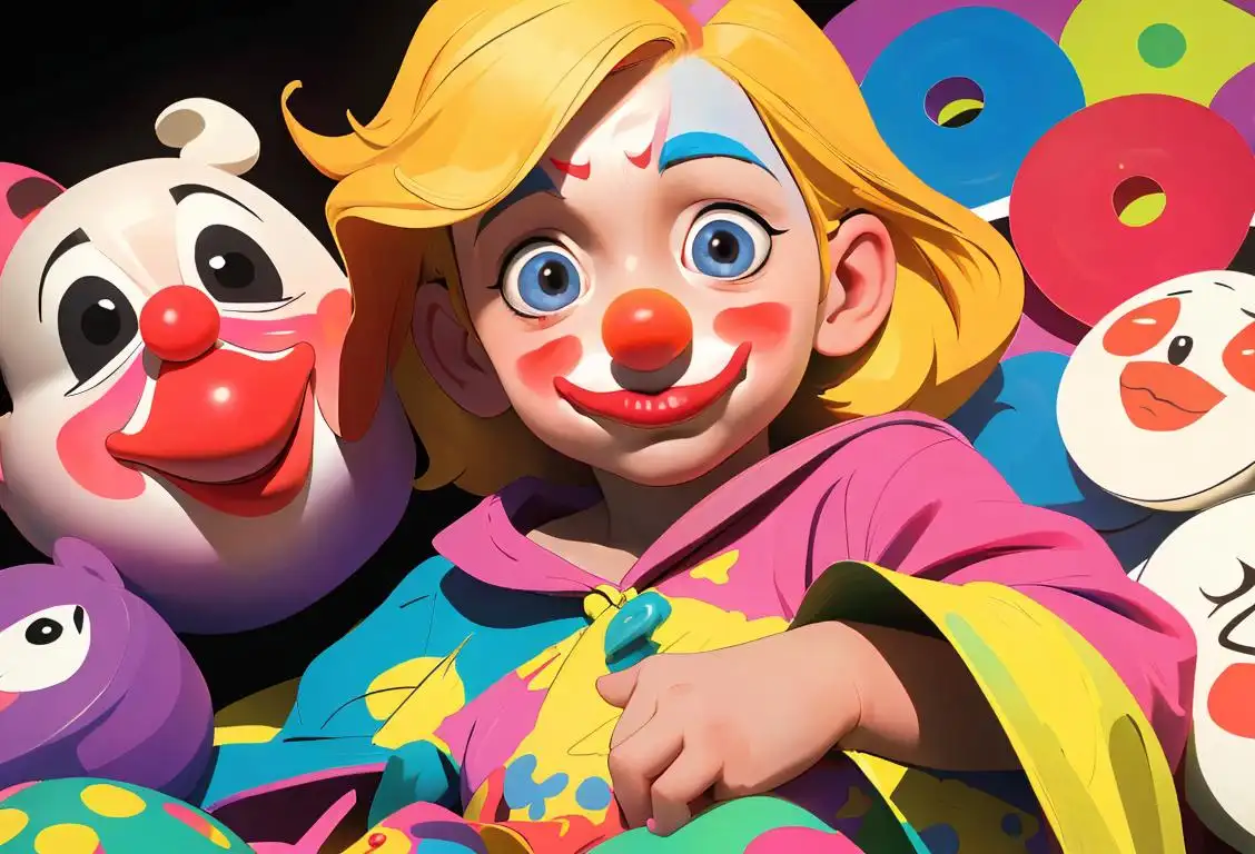 Child with messy handprints on colorful smock, wearing a clown nose, surrounded by toys and paper crafts..