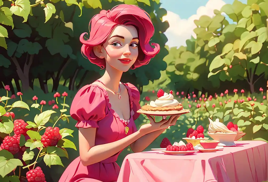 Joyful person wearing a raspberry-inspired outfit, surrounded by a whimsical raspberry garden, with a vintage picnic scene in the background..