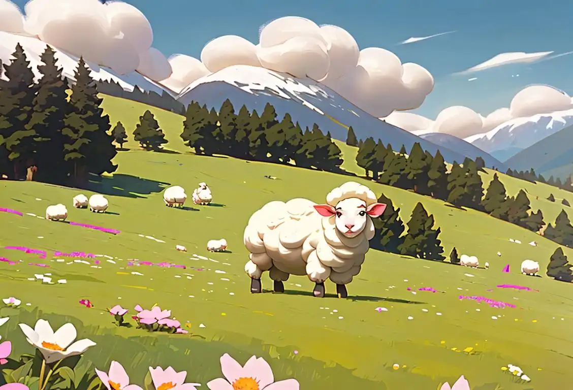 Fluffy white sheep with a picturesque countryside backdrop, young girl wearing a cozy knit sweater, surrounded by rolling hills and blooming flowers..