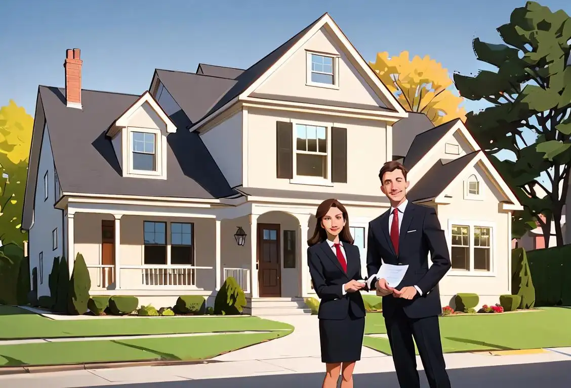 A couple standing in front of a charming house, holding a mortgage contract, dressed in professional attire, suburban neighborhood setting.