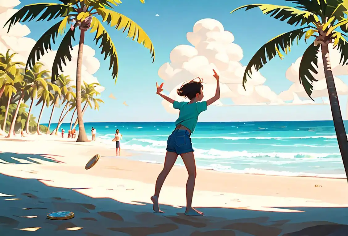 Joyful person flipping a coin outdoors, wearing casual summer clothes, beach setting with palm trees and ocean in the background..