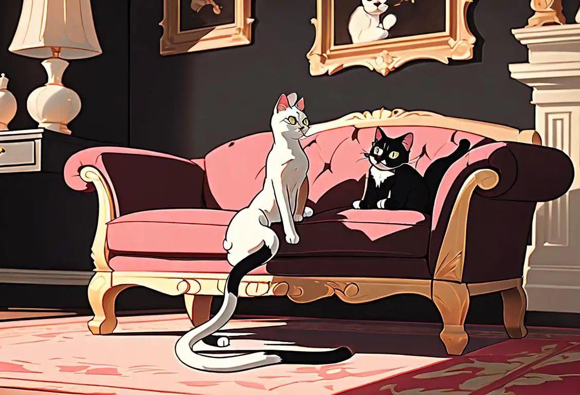 A person gently stroking a regal looking cat, dressed in sophisticated attire, elegant living room setting..