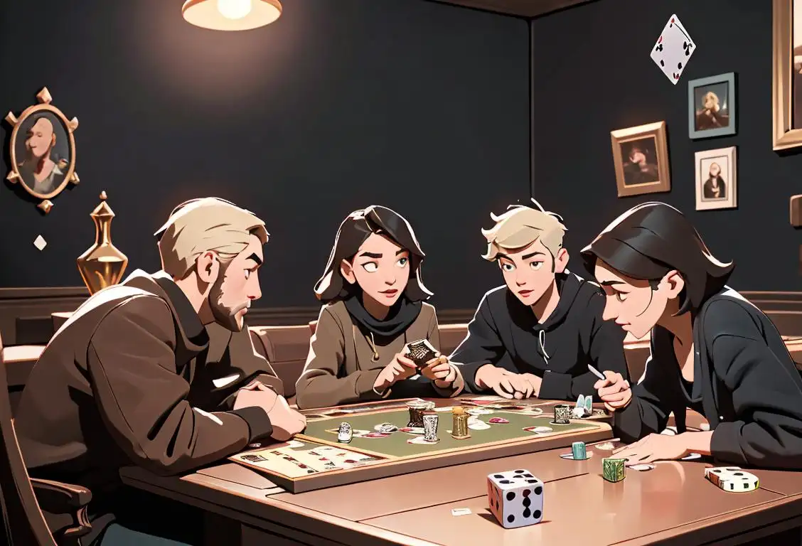 Group of friends sitting around a tabletop covered in board games, with dice and cards scattered across the surface. Hipster aesthetic, cozy living room setting..