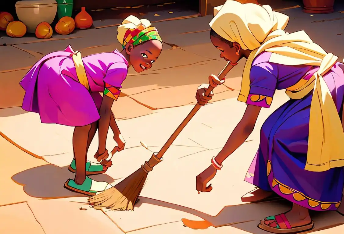 A joyful African child wearing colorful traditional attire, sweeping the floor in a vibrant African village with women cooking in the background..