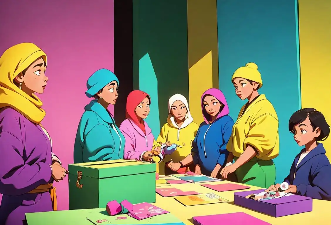 A group of diverse individuals donating various items, wearing bright colors, in a bustling community center..