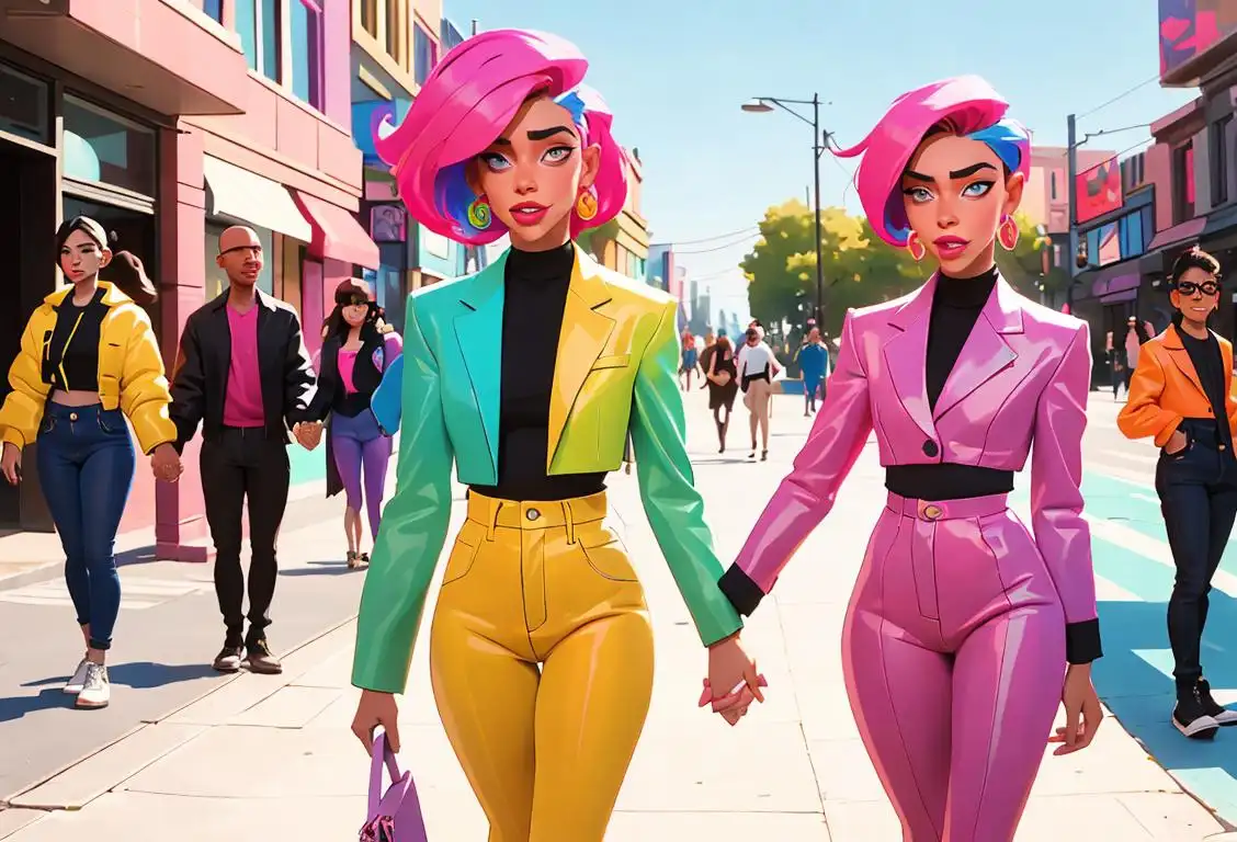 A diverse group of people holding hands, showcasing various gender identities, wearing vibrant colors and contemporary street fashion, urban background..