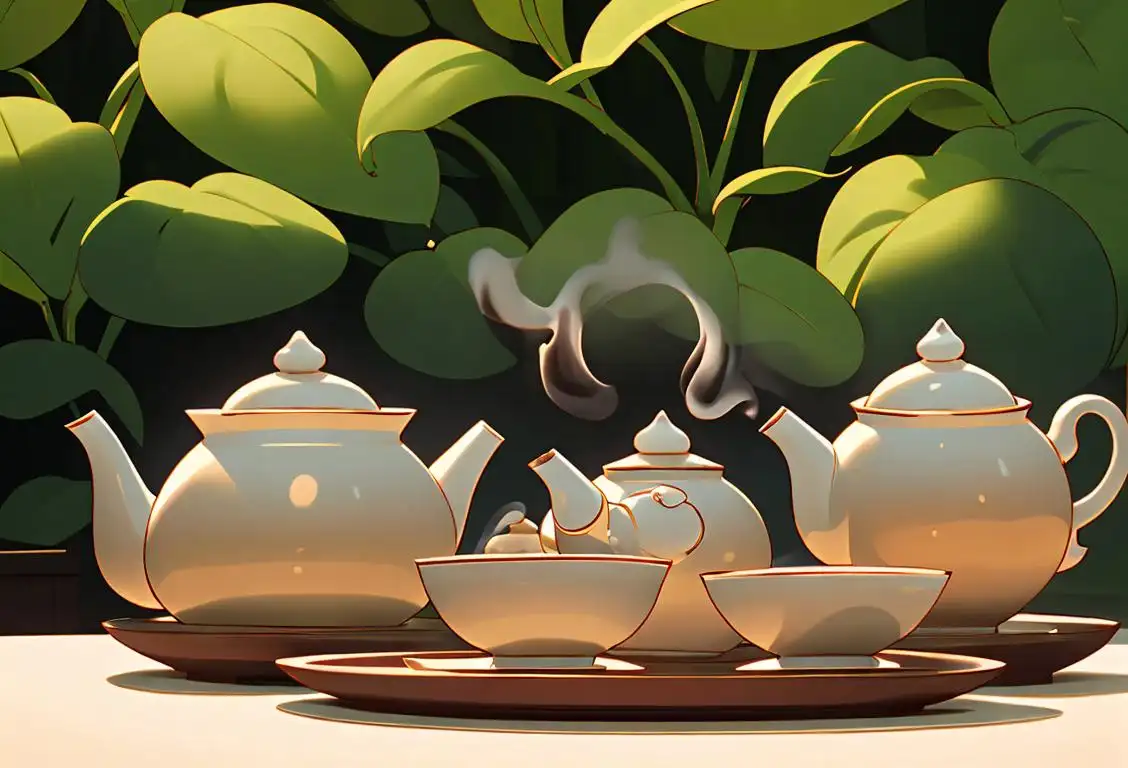 A cozy scene with an elegant teapot, filled with steaming tea, surrounded by tea cups and saucers, set against a backdrop of lush greenery..