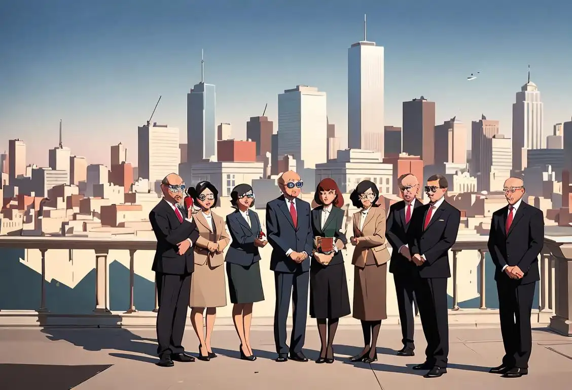 A group of diverse individuals holding magnifying glasses, dressed in professional attire, standing near a city skyline..