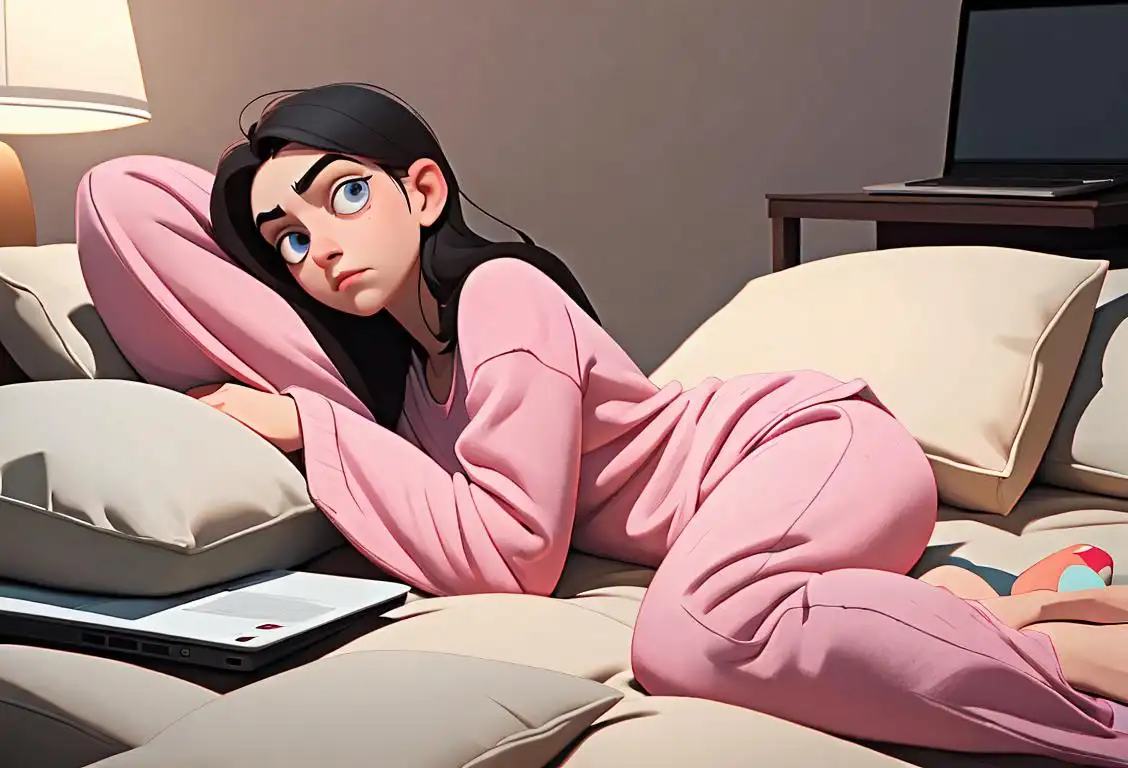 Young person lounging in pajamas, surrounded by pillows and blankets, with a disinterested expression and a laptop in hand..