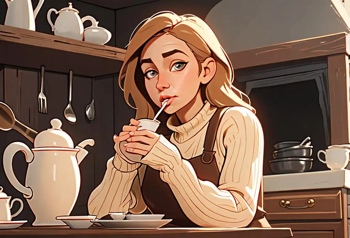 Young woman sipping bone broth, wearing cozy sweater, rustic farmhouse kitchen setting.