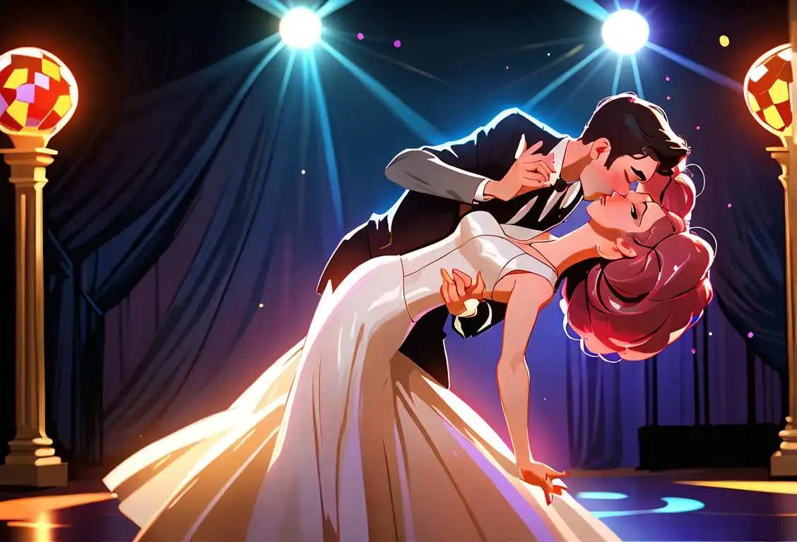 Dancing couple sharing a sweet kiss under rotating disco ball, both dressed in elegant ballroom attire, surrounded by joyful crowd..