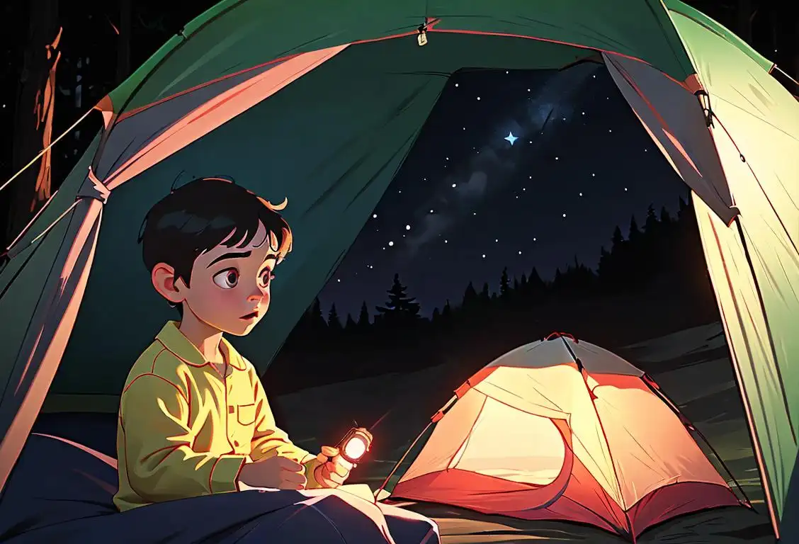 Young child holding a flashlight, wearing pajamas, camping scene surrounded by glow-in-the-dark stars..